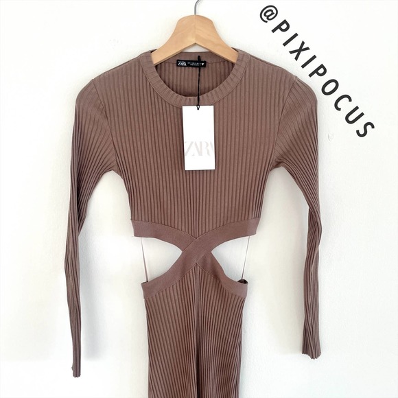 ZARA CUT-OUT RIBBED KNIT DRESS MINK BROWN - Picture 16 of 16